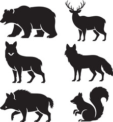 Fototapeta premium Black Silhouettes of Forest Animals Including Bear Deer Fox Boar Squirrel vector illustration