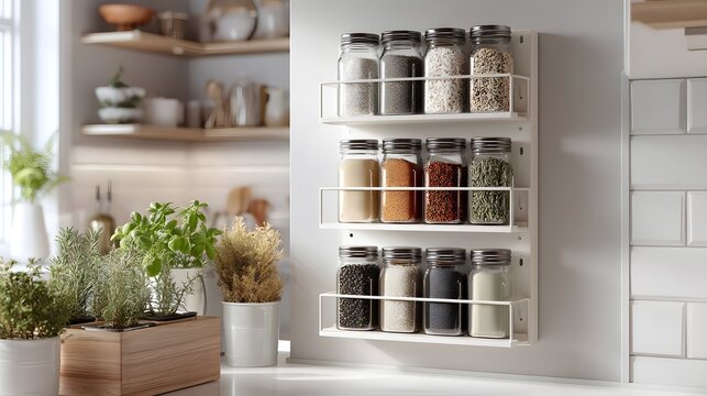 Minimalist kitchen wall spice rack with labeled jars