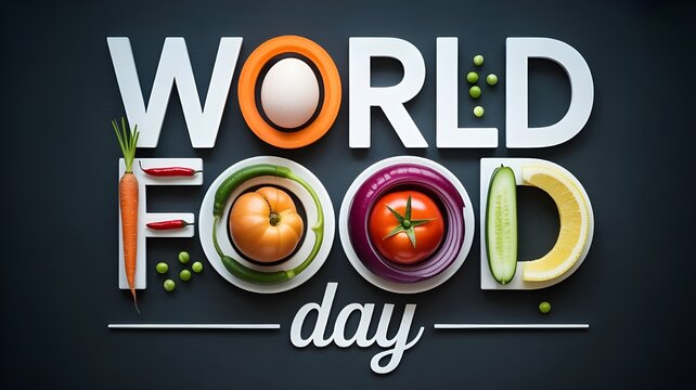 Creative typography spelling world food day with fresh vegetables and fruits forming the letters, highlighting the importance of nutrition and global food awareness
