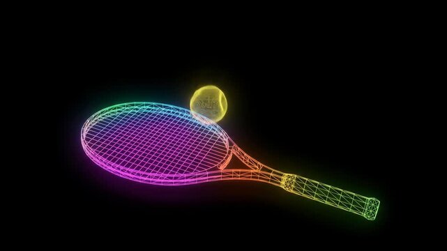 Neon Tennis Racket and Ball - A vibrant, rainbow-colored wireframe tennis racket and ball float against a black background. The video is futuristic and dynamic, suggesting energy and movement.