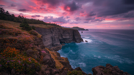 Dramatic Coastal Cliff at Sunset Landscape with Wildflowers and Colorful Sky