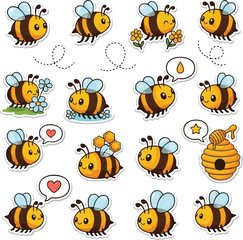 create need vector art collection of cute honey bee stickers isolated on white background