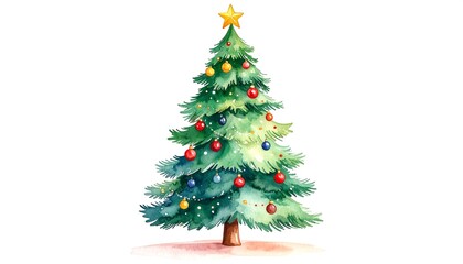 Fototapeta premium A watercolor painting of a decorated Christmas tree with colorful ornaments and a gold star on top, standing on a small brown base against a white background