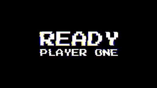ready player one 8-bit pixel text animation with glitch effect on black background. 4k video