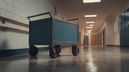 Blue utility cart in empty school hallway