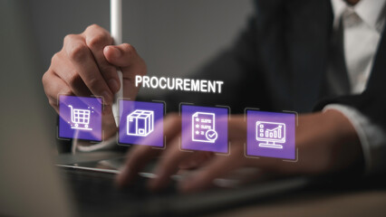 Procurement and digital supplier management concept showing businessman using online purchasing service to optimize supply chain, shopping process, Procurement performance in modern business.