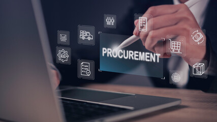 Procurement, supplier management, and supply chain automation concept with businessman using digital purchasing system, optimizing enterprise sourcing, workflow efficiency, and logistics operations.
