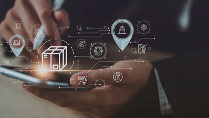 Smart logistics and inventory tracking concept with businessman using mobile device to manage digital supply chain, real-time delivery, shipping status, and secure distribution operations.