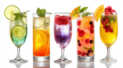 Various colorful refreshing beverages in glasses garnished with fresh fruits and mint on a bright background, featuring vibrant decorations ideal for summer themes and party concepts