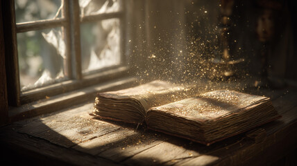 Open antique book with sparkling dust particles