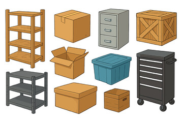 Storage container set vector cartoon illustration. Moving and organization concept with cardboard box, shelves, file cabinet, crate, bin, and tool chest for warehouse.
