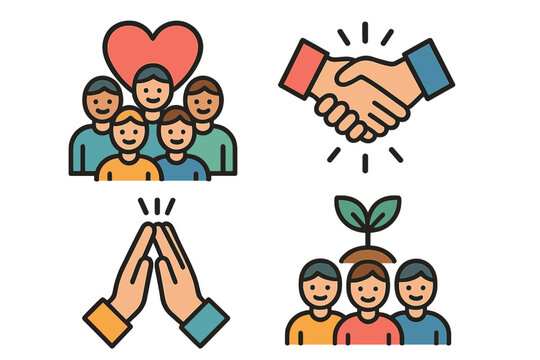 Community support and partnership icons. Teamwork and growth in business collaboration. Handshake, high five and volunteer group symbols. Social project success vector set. - Powered by Adobe