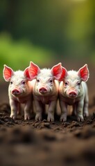 Three small pigs in mud, staring directly at viewer , nature, photography