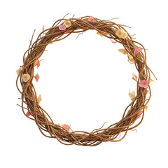 A beautiful rustic wreath made of twisted brown vines and twigs, decorated with delicate pink and cream flower petals, isolated on a white background.