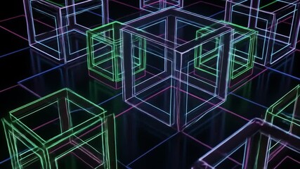 Neon Wireframe Cubes Abstract Background - A digital video of glowing neon wireframe cubes arranged on a dark gridded surface. - Powered by Adobe