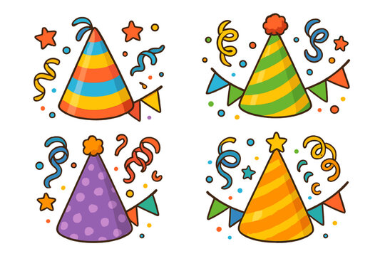Set of colorful party hats with confetti and streamers. Birthday celebration vector icon collection. Cartoon illustration isolated on white background for festive design.