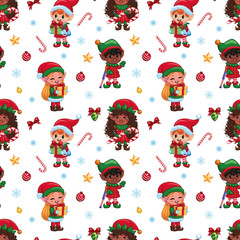 Seamless Christmas pattern, diverse and inclusive elves in festive outfits. Perfect for holiday designs, gift wrap, textiles. Cute characters in red, green, gold colors. Isolated on white background