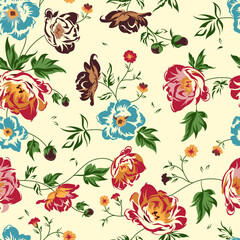 Vintage floral pattern illustration, flowers and green leaves isolated on light background. Seamless design, red, blue, and brown blossoms for fabric prints, wallpapers, and decorative projects