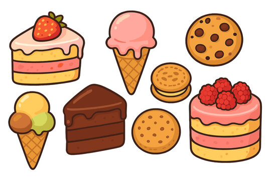 Cute cartoon dessert collection. Vector set of sweet food icons: cake slice, ice cream cone, cookies. Isolated pastry graphics for bakery menu, party, or sweet treats.
