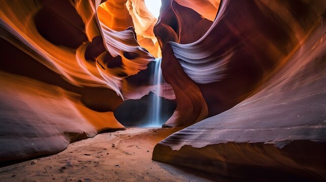 Stunning Antelope Canyon Arizona landscape featuring narrow slot canyon passage, smooth red sandstone curves, and dramatic natural light beams - Powered by Adobe