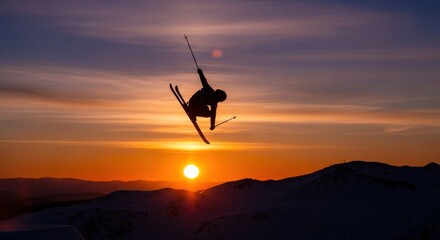 Silhouette of a skier performing aerial trick during mesmerizing sunset