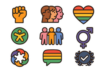Diversity and inclusion icon set. Vector symbols for equality, human rights, and social issues. Concepts of community, teamwork, race, culture, gender, and LGBTQ pride.