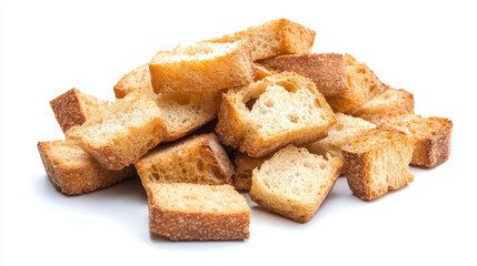 Round baked crackers and bread croutons, isolated on a white background.