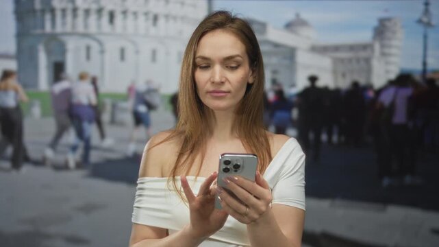 Woman holding smartphone tapping finger to screen in front of pisa tower building; serene digital exploration connection.