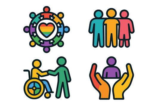 Set of inclusivity and diversity icons. Community and support for all abilities. Vector illustration of teamwork, help, disability, accessibility, and social unity. DEI concept.
