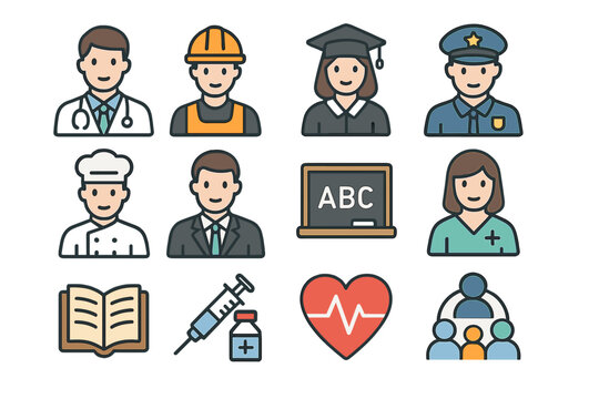 Professions and occupations icon set. Doctor, police, chef, worker, student, nurse characters. Healthcare, education, community services vector line icons collection.