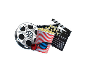 Reel Life Delights: A cinematic still life of a film reel, clapboard, 3D glasses, and popcorn creates a compelling composition that invokes the fun of movies.