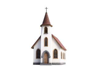 Holy sanctuary: A quaint church, featuring a striking steeple crowned with a cross, exudes timeless elegance and spiritual solace. Its architectural charm evokes a sense of peace and reverence.