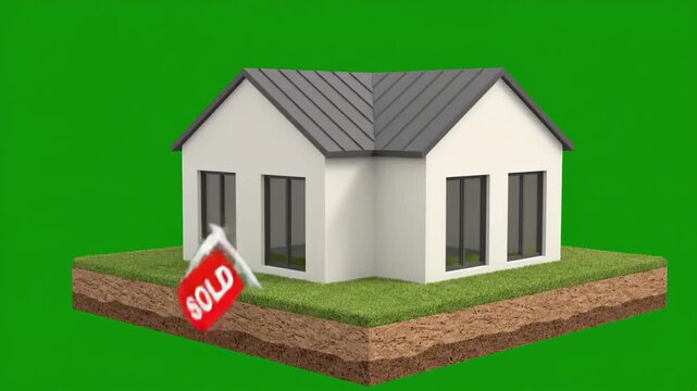 3D animated suburban house assembling on floating grass plot with bold SOLD yard sign, centered isolated on green screen for chroma key compositing