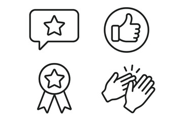 Feedback and recognition outline icon set. Vector illustration of customer review, star rating, thumbs up, quality award, and applause for user satisfaction and approval.