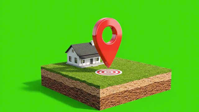 3D animated red location pin landing on centered suburban house over floating grass land slice, isolated on clean green screen for chroma key compositing
