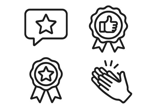 Feedback and recognition outline icon set. Speech bubble with star for rating, thumbs-up badge for approval, award ribbon for quality, and applause for appreciation vector.