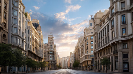 Fototapeta premium Vibrant street scene with classic buildings illuminated by soft light
