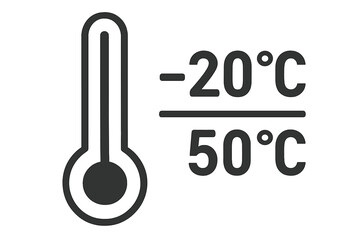 Temperature limitation icon. Thermometer packaging symbol. Storage range from -20 to 50 Celsius. Temperature sensitive cargo label. Logistics sign. Vector illustration for shipping.