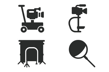 Film crew equipment icon set. Solid glyph vector illustration for filmmaking. Cinema production gear symbols including camera dolly, green screen, clamp, and reflector.
