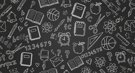 Back to school blackboard background featuring hand drawn school supplies and study materials for