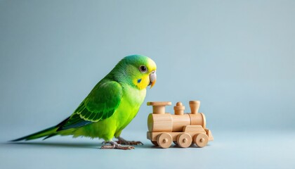 Naklejka premium Vibrant Green Parakeet Perched Beside Small Hand-Carved Wooden Toy Train on Seamless Light Gray Background with Studio Lighting in Sharp Focus