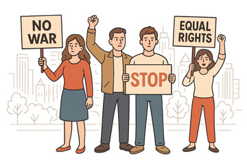 Protest for peace and equality. Activists with signs No War, Equal Rights, Stop. People on demonstration for human rights, social justice. Vector cartoon illustration of a crowd.