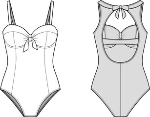 One piece swimsuit fashion flat sketch, women swimwear technical drawing, bow detail design, stylish beachwear template, vector illustration, garment apparel design