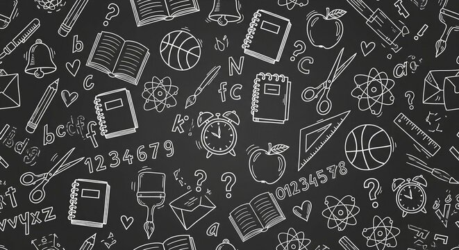 Back to school blackboard background featuring hand drawn school supplies and study materials for