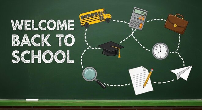 Back to school conceptual design on chalkboard featuring school icons for education