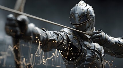 Knight in modern armor deflecting financial contracts and graphs