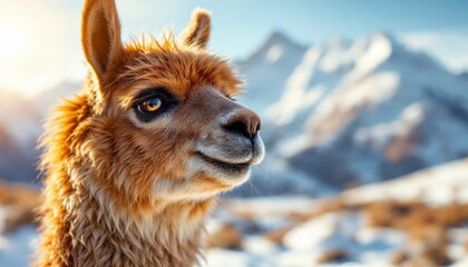 Obraz premium A Smiling Llama's Face Against a Blurred Snowy Mountain Background on a Bright Sunny Winter Day in the Andes