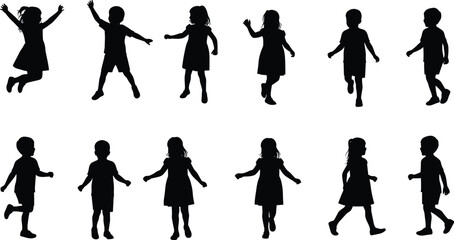 Silhouette children playing, kids walking, running, dancing, jumping, group of boys and girls, black vector design, childhood illustration, isolated background
