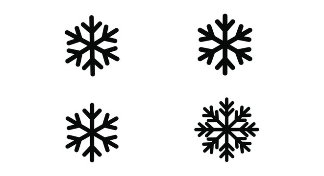 Four simple black snowflake icons on a white background for winter design