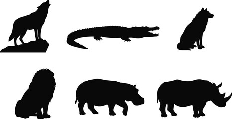 Wild animal silhouettes illustration, wolf, crocodile, lion, hippopotamus, rhinoceros, dog, black vector design, safari wildlife art, jungle animals graphic
